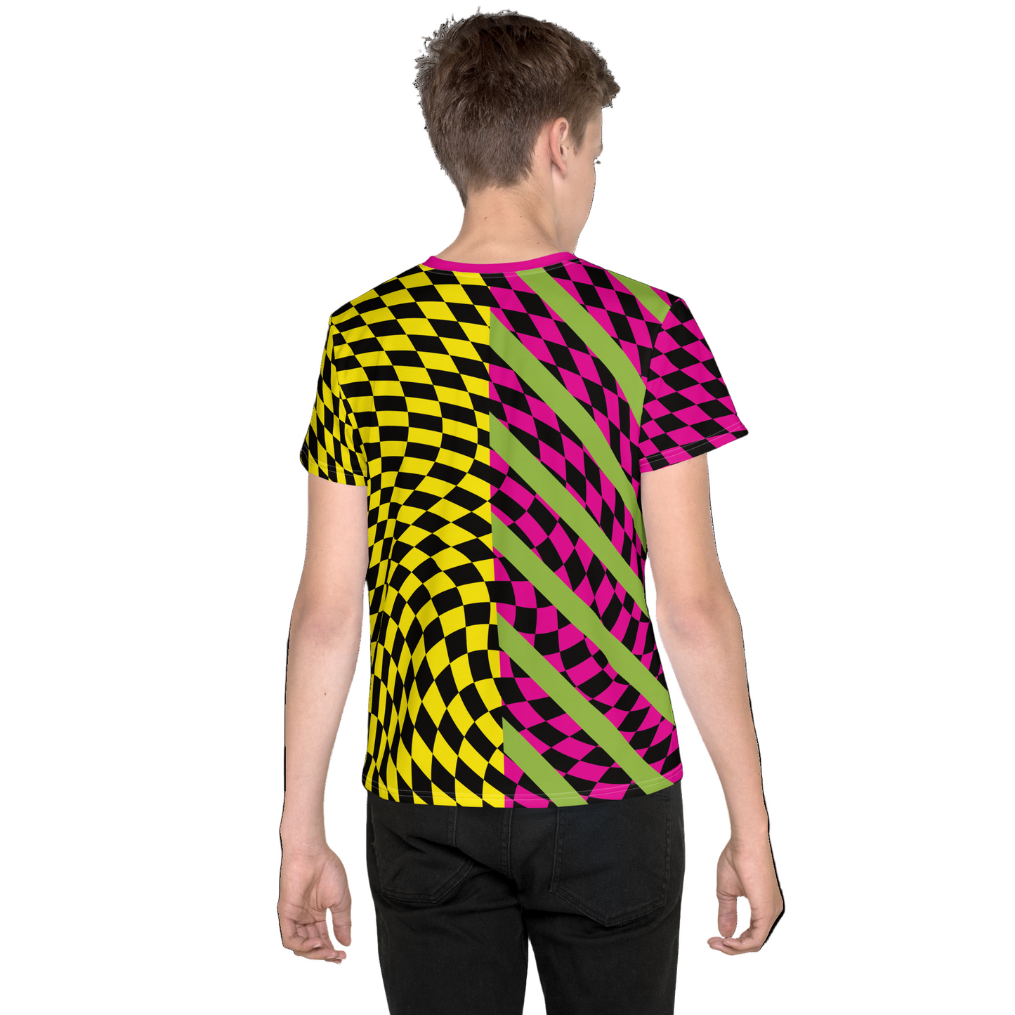 Teenager wearing a retro style colorful yellow and pink checkered wrestling cosplay activewear t-shirt with diagonal green stripes and split design.