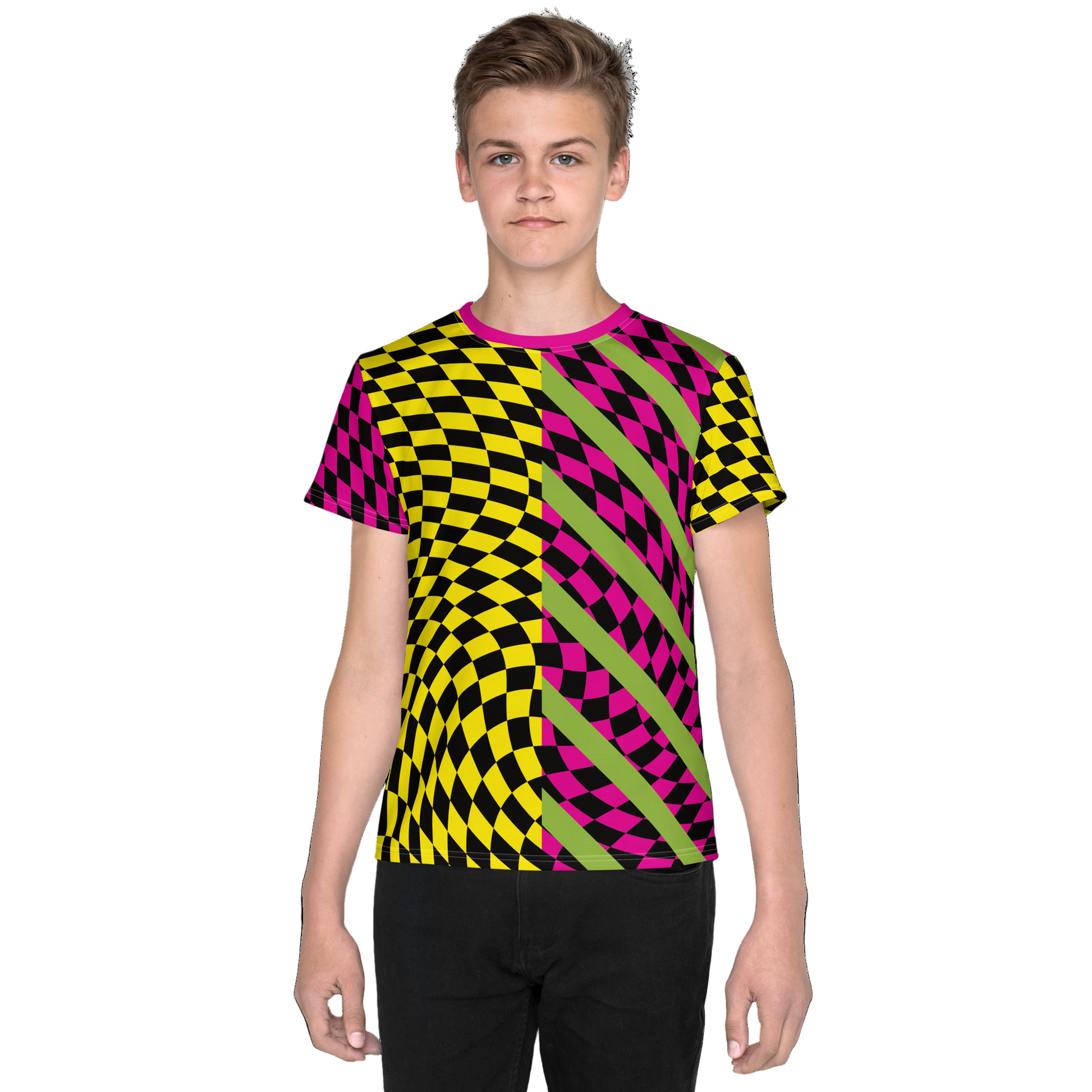 Teenager wearing a retro style colorful yellow and pink checkered wrestling cosplay activewear t-shirt with diagonal green stripes and split design.