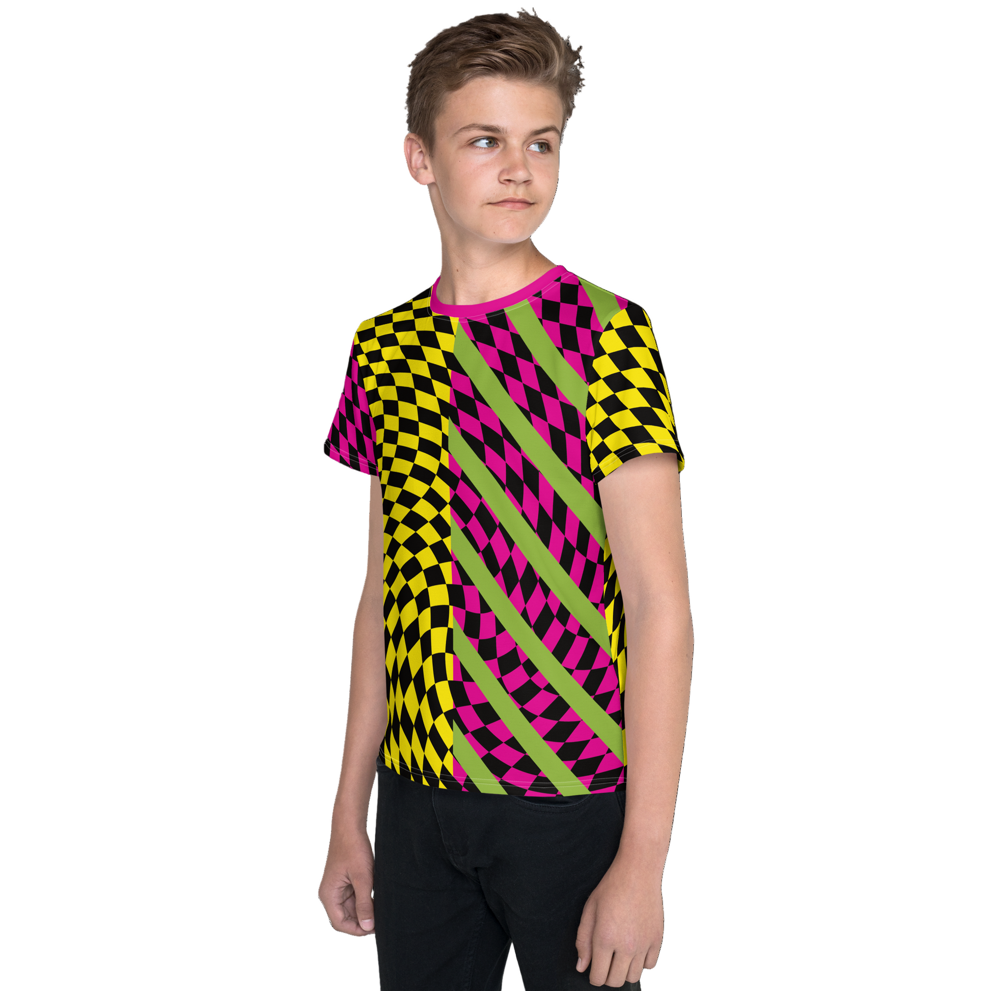 Teenager wearing a retro style colorful yellow and pink checkered wrestling cosplay activewear t-shirt with diagonal green stripes and split design.