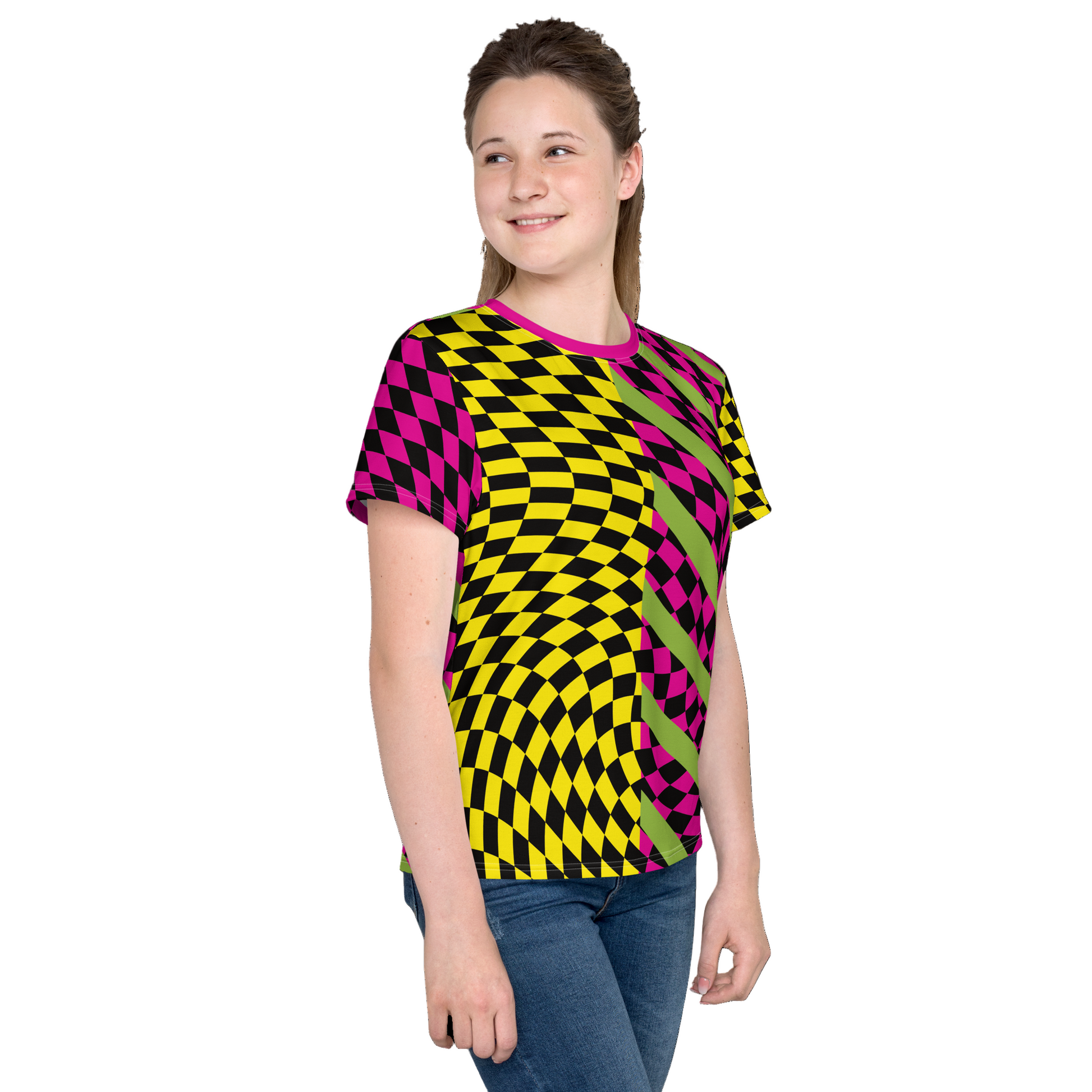 Teenager wearing a retro style colorful yellow and pink checkered wrestling cosplay activewear t-shirt with diagonal green stripes and split design.