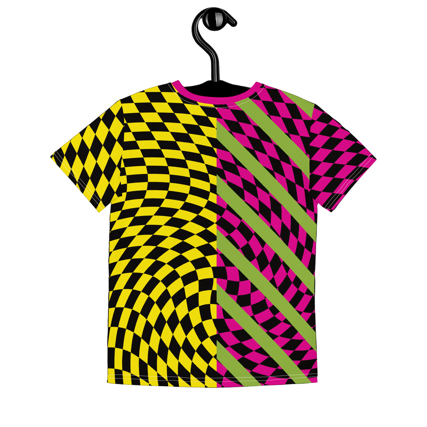 Sample of a retro style colorful yellow and pink checkered wrestling cosplay activewear t-shirt with diagonal green stripes and split design.