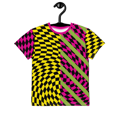 Sample of a retro style colorful yellow and pink checkered wrestling cosplay activewear t-shirt with diagonal green stripes and split design.