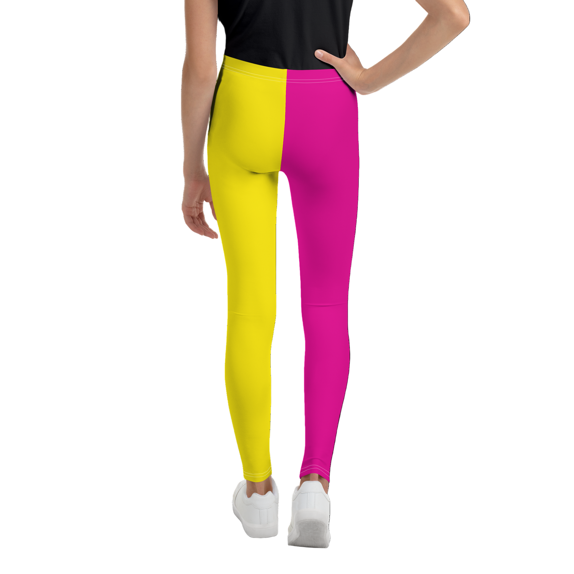 Teenager wearing a retro style colorful yellow and pink checkered wrestling cosplay activewear leggings with diagonal green stripes and split design.
