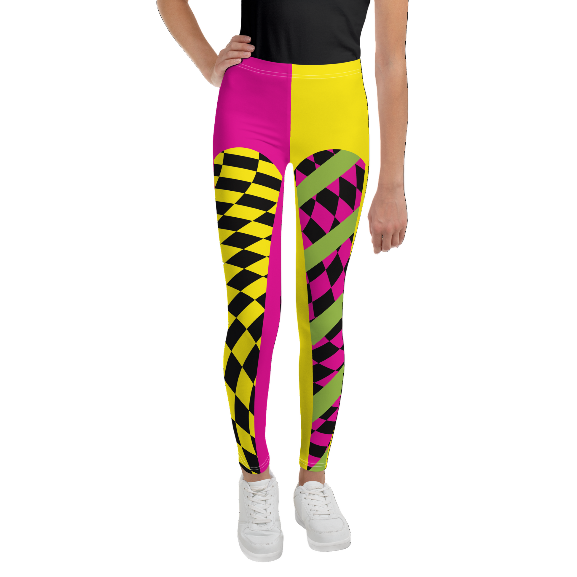 Teenager wearing a retro style colorful yellow and pink checkered wrestling cosplay activewear leggings with diagonal green stripes and split design.