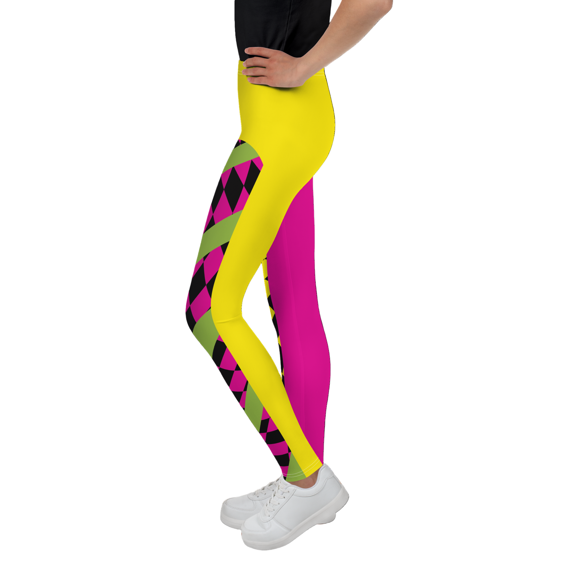 Teenager wearing a retro style colorful yellow and pink checkered wrestling cosplay activewear leggings with diagonal green stripes and split design.