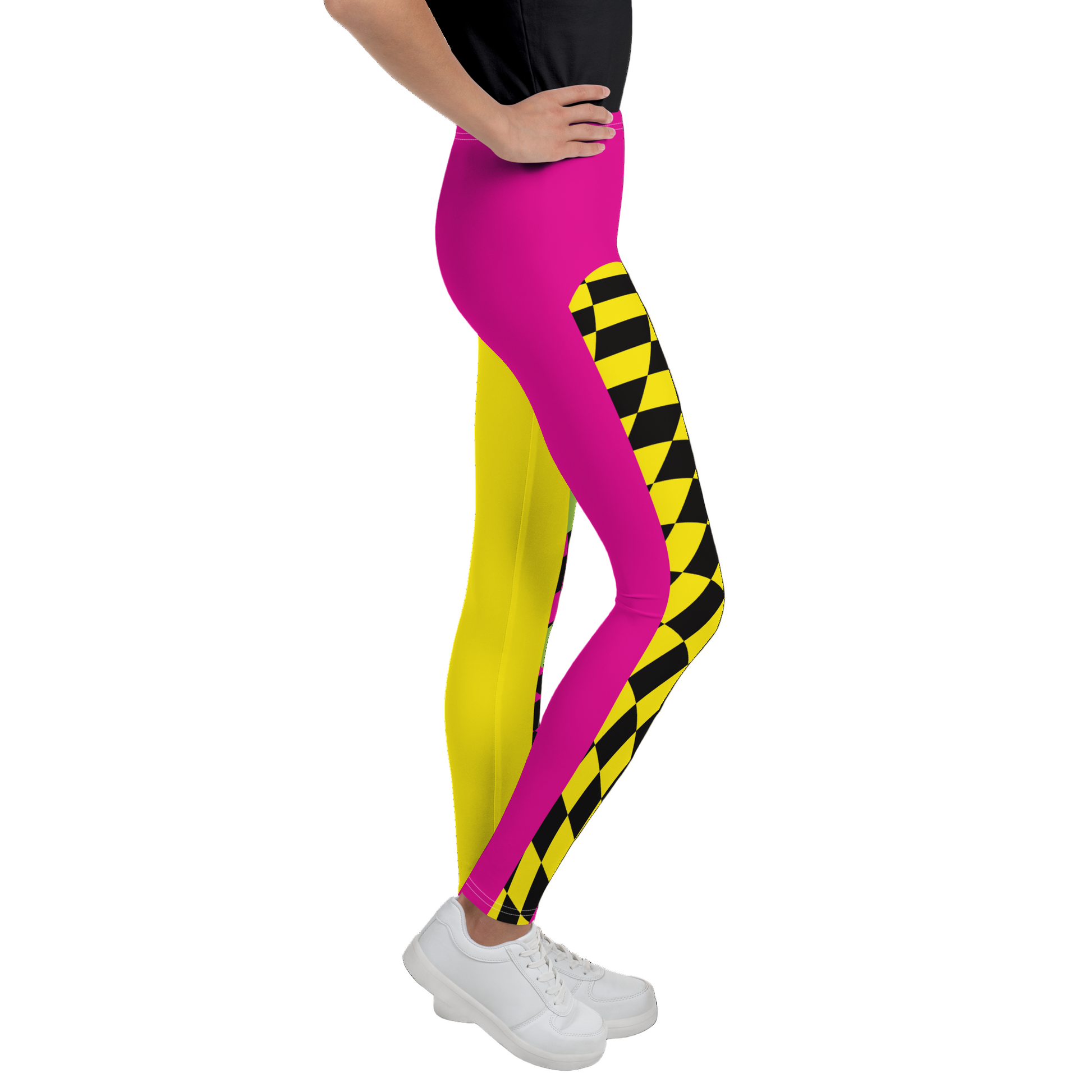 Teenager wearing a retro style colorful yellow and pink checkered wrestling cosplay activewear leggings with diagonal green stripes and split design.
