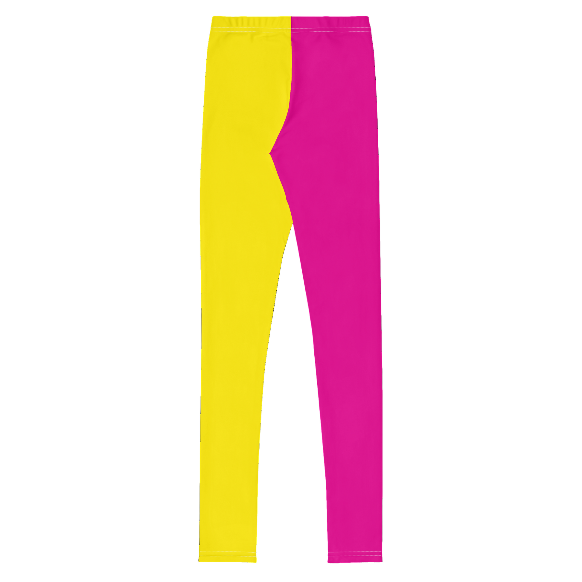 Sample of retro style colorful yellow and pink checkered wrestling cosplay activewear leggings with diagonal green stripes and split design.