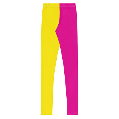 Sample of retro style colorful yellow and pink checkered wrestling cosplay activewear leggings with diagonal green stripes and split design.