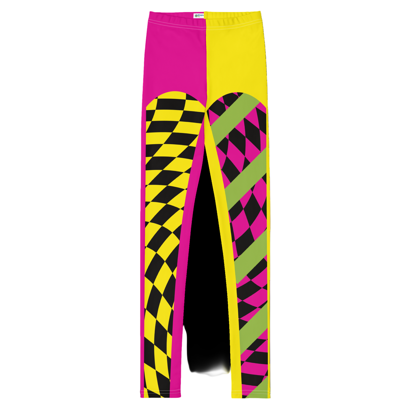 Sample of a retro style colorful yellow and pink checkered wrestling cosplay activewear leggings with diagonal green stripes and split design.