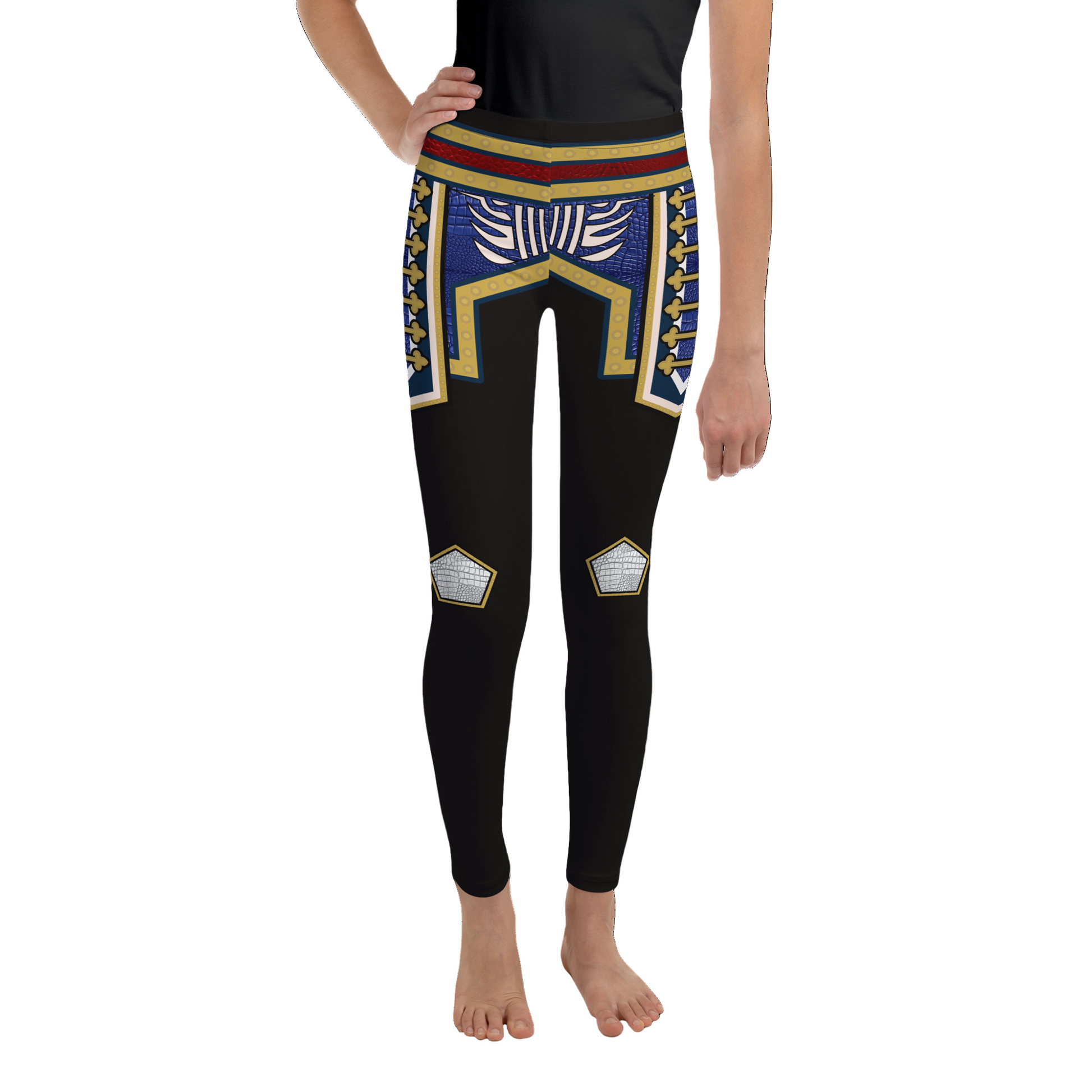 Youth black wrestling cosplay leggings with gold and blue armour panels, front view