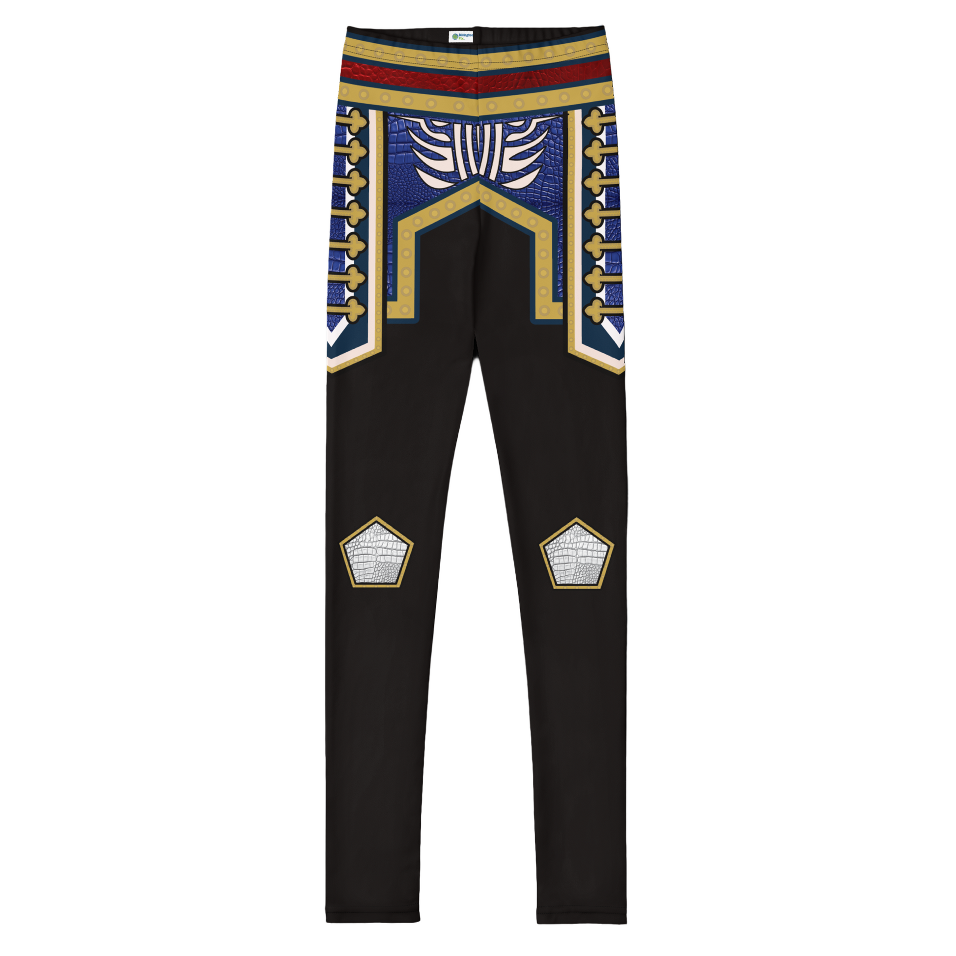 Youth red wrestling cosplay leggings with gold and blue armour panels, front sample view