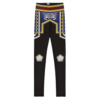Youth red wrestling cosplay leggings with gold and blue armour panels, front sample view