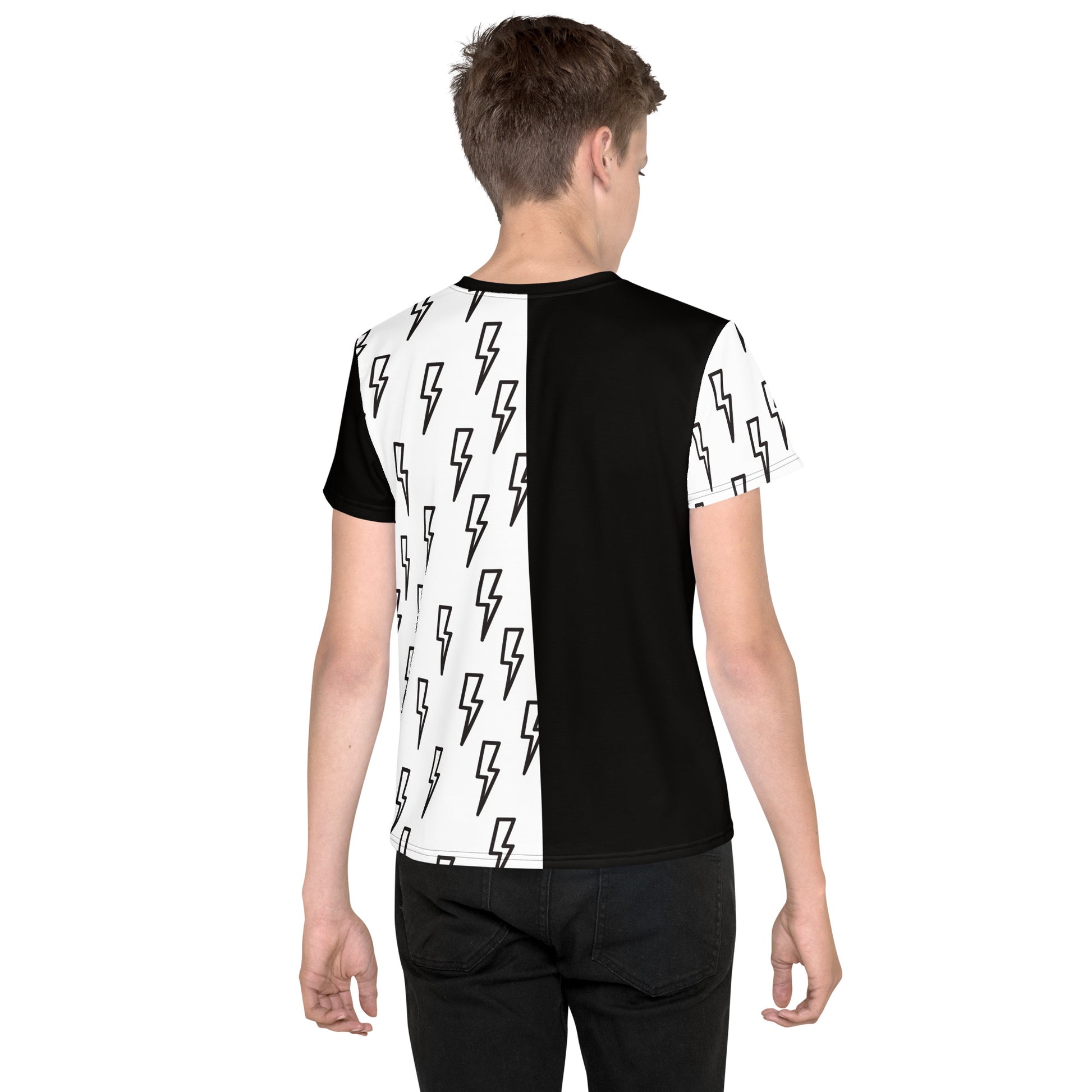 Youth wearing black and white split lightning bolt wrestling cosplay T-shirt – back view