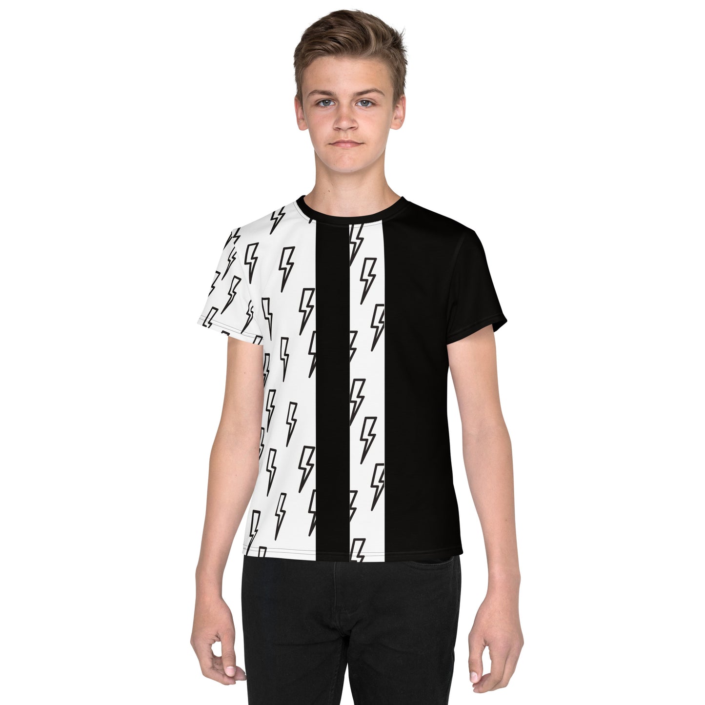 Youth model wearing black and white lightning bolt cosplay T-shirt – front view