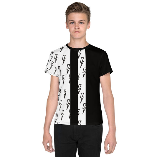 Youth model wearing black and white lightning bolt cosplay T-shirt – front view