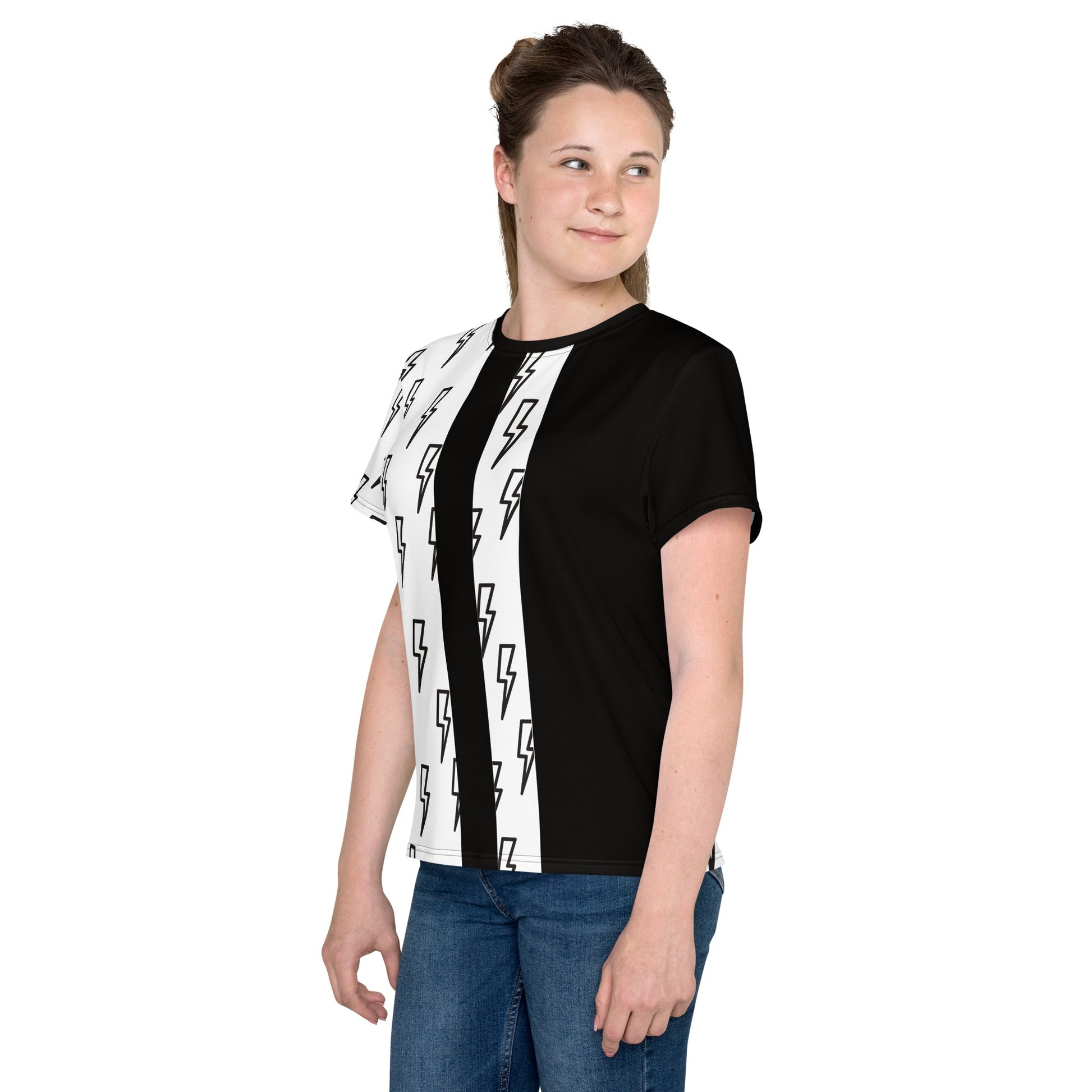Youth girl wearing black and white split lightning bolt wrestling cosplay T-shirt – left view