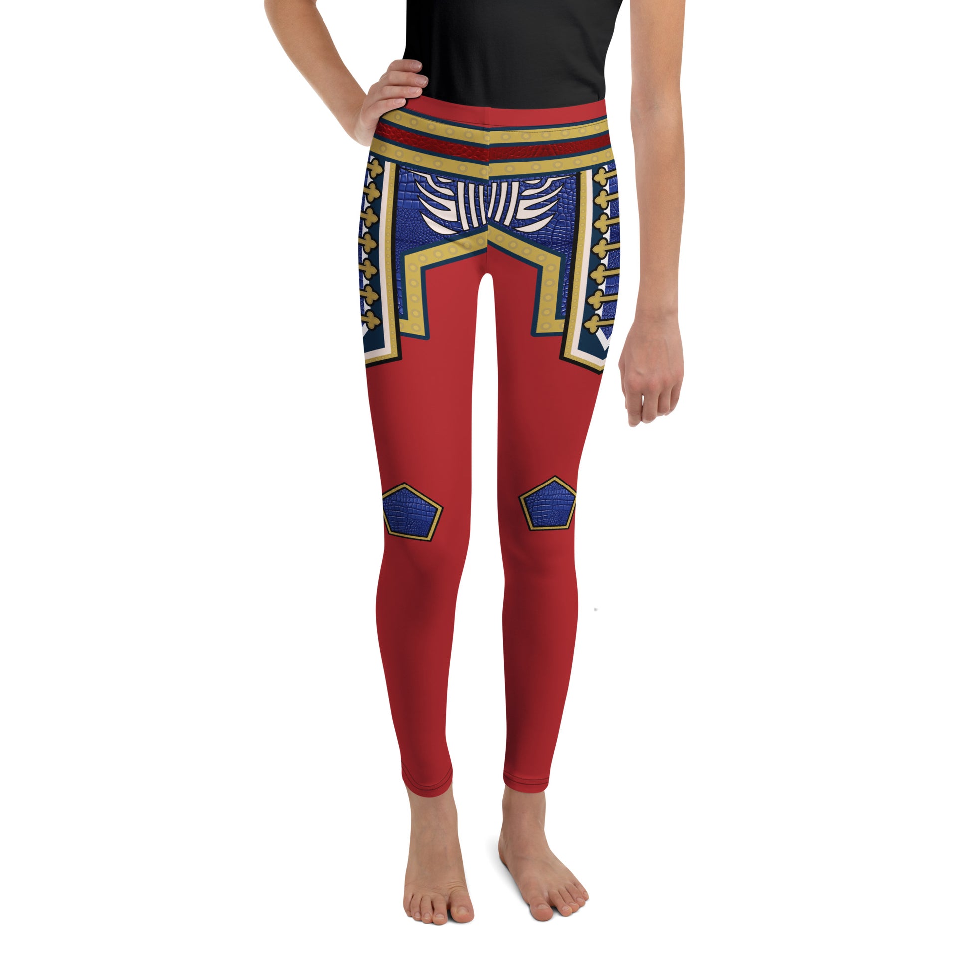 Youth red wrestling cosplay leggings with gold and blue armour panels, front view