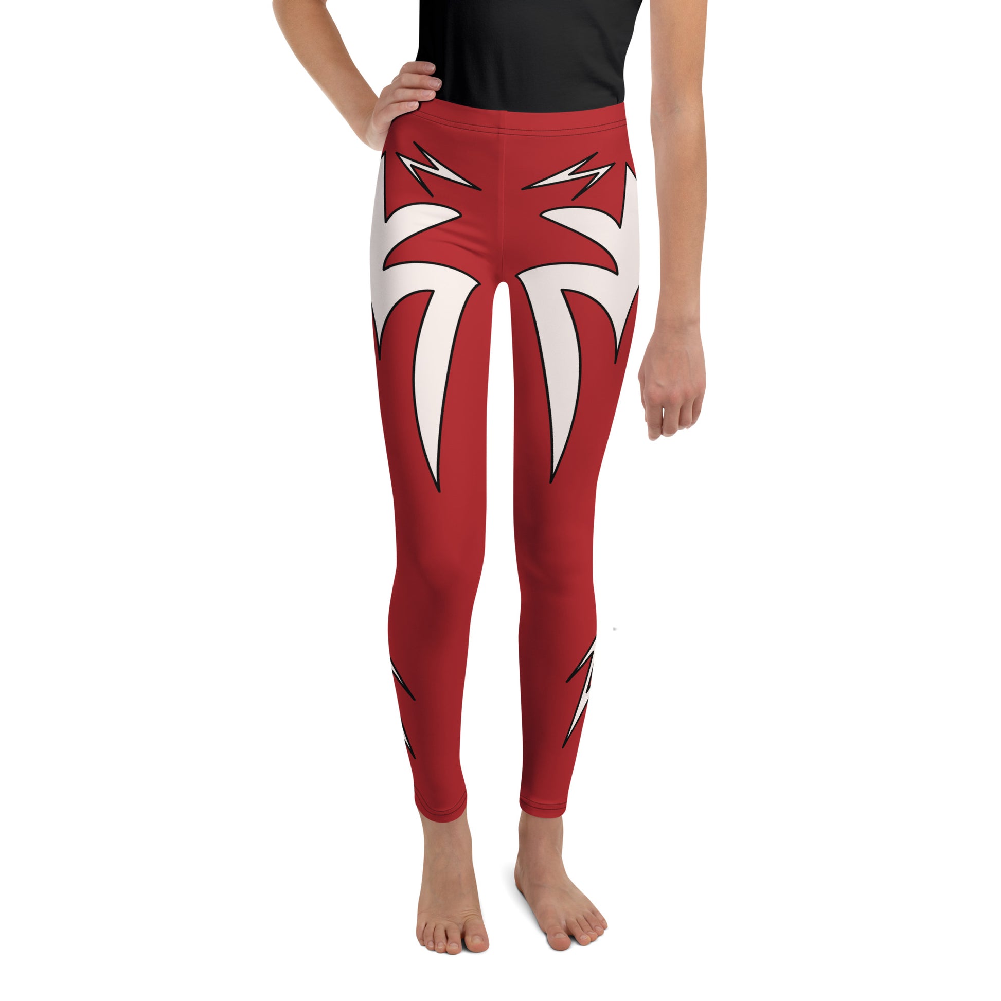 Youth wrestling cosplay leggings in bright red with a bold white lightning bolt design, shown from the front