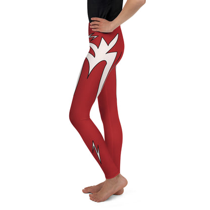 Side view of youth cosplay wrestling leggings with white lightning graphics on a red base, designed for active movement