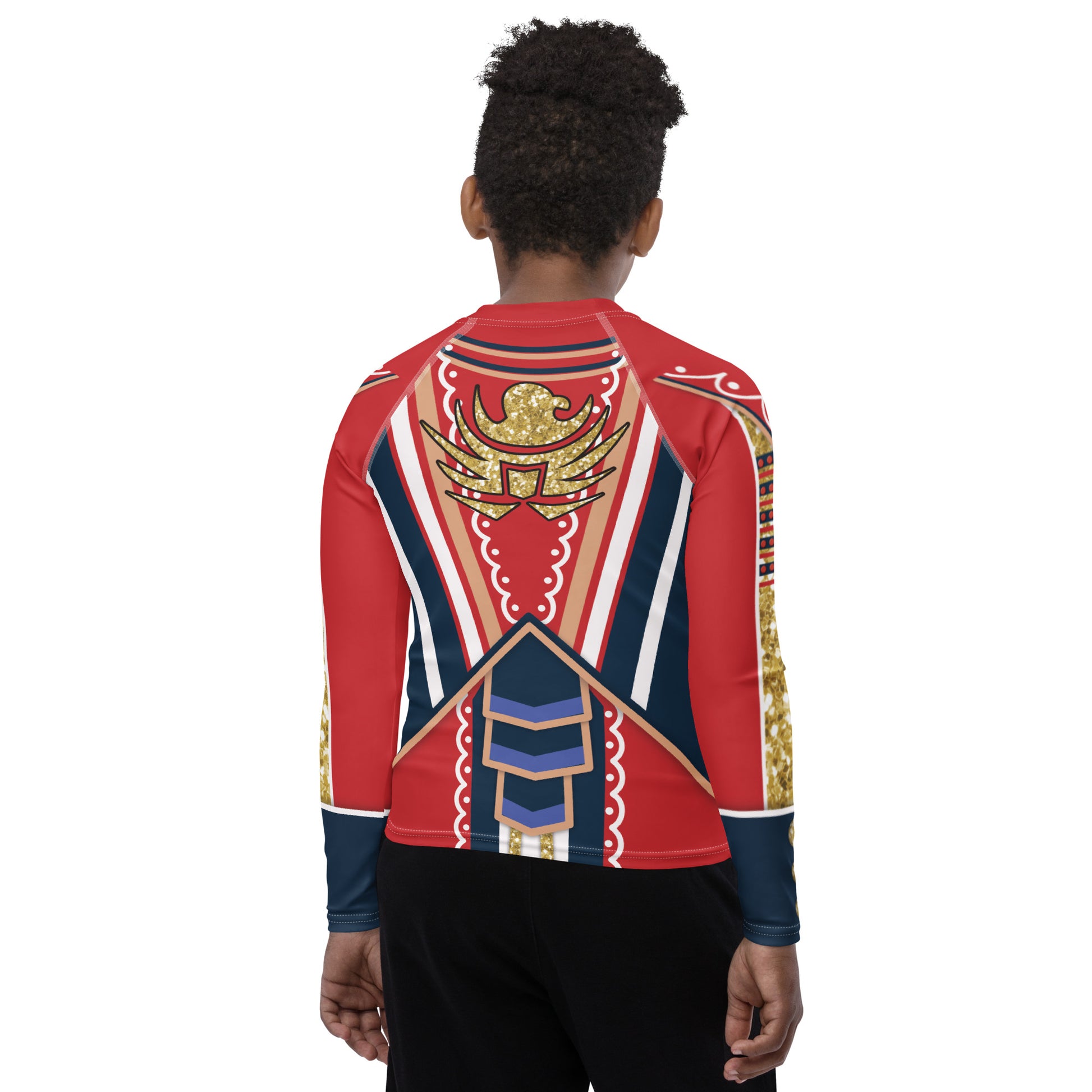 Youth wrestling hero patriotic American rash guard back view – red, white and navy stripes with gold eagle style emblem