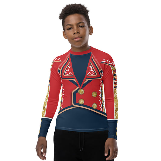 Youth wrestling hero patriotic American rash guard front view – red jacket print with gold buttons and navy base