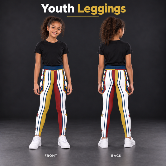 Youth Drum Major leggings on a young wearer, front and back - gold and crimson legs with starred hip panels