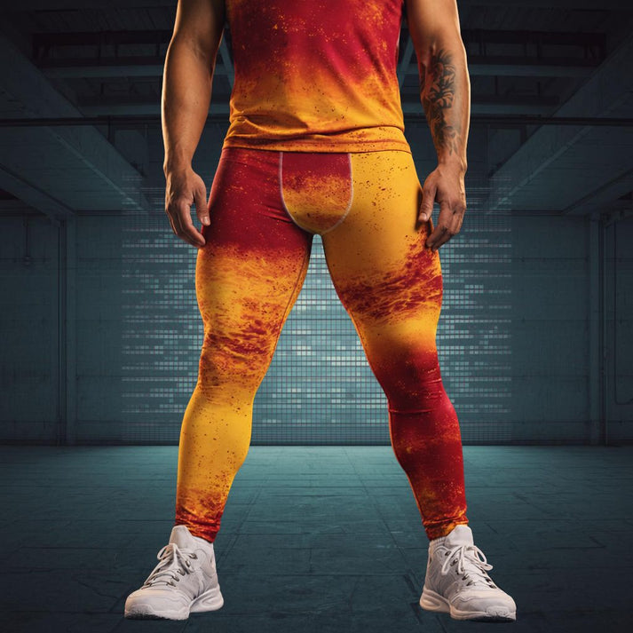 Athletic figure wearing bold patterned wrestling tights in dramatic arena lighting