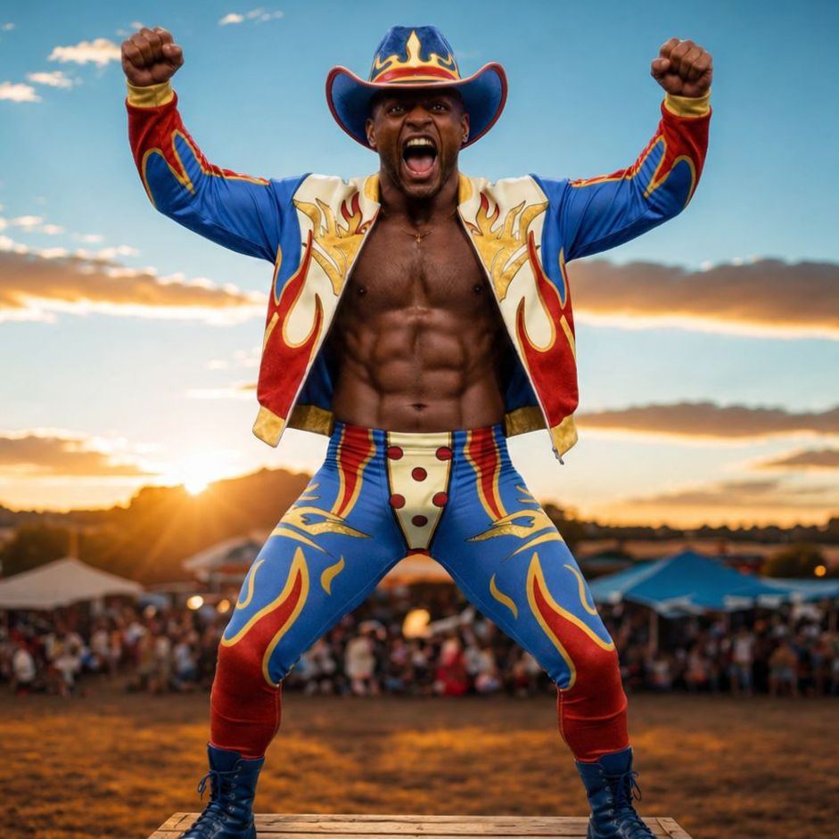 Man enjoying festival at sunset wearing pro wrestling cosplay gear in American hero style.