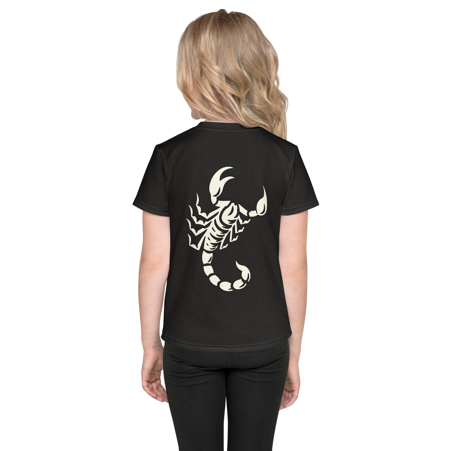 Young girl wearing dark t-shirt with large printed scorpion on the back
