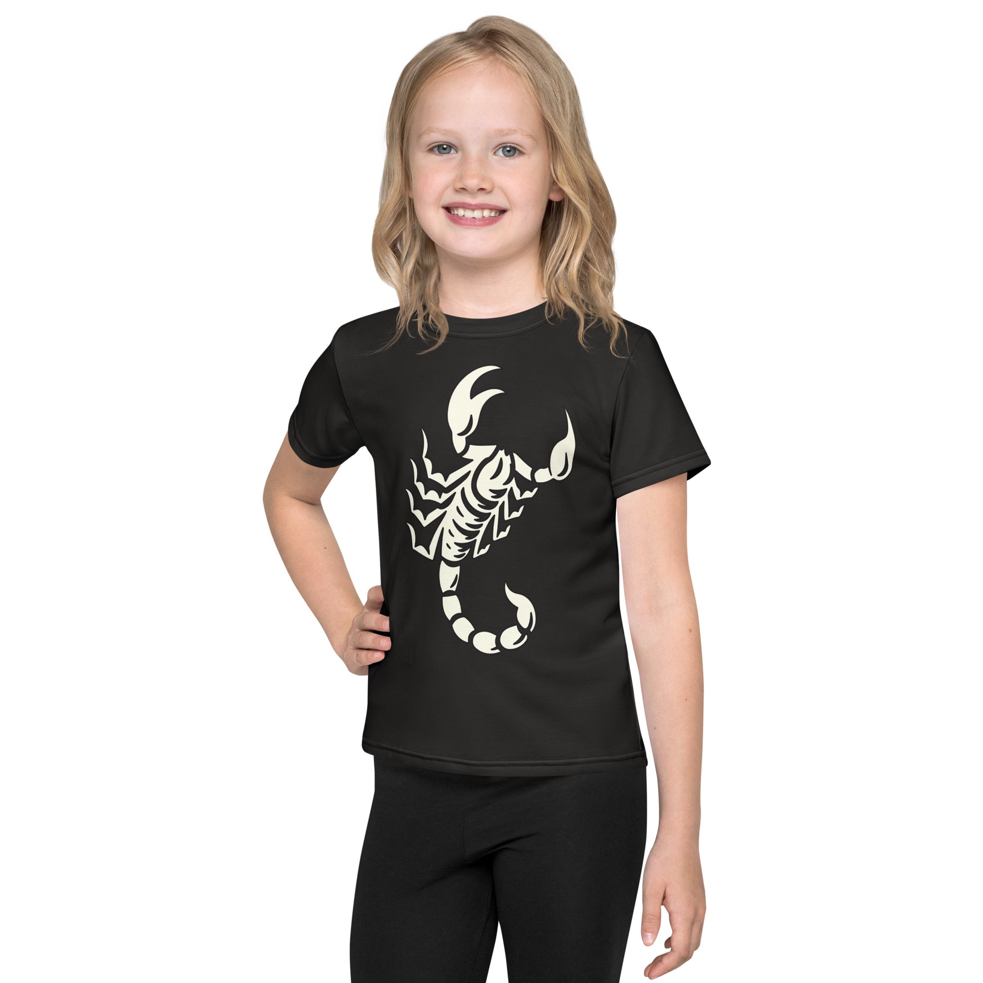 Young girl wearing dark t-shirt with large printed scorpion