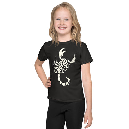Young girl wearing dark t-shirt with large printed scorpion