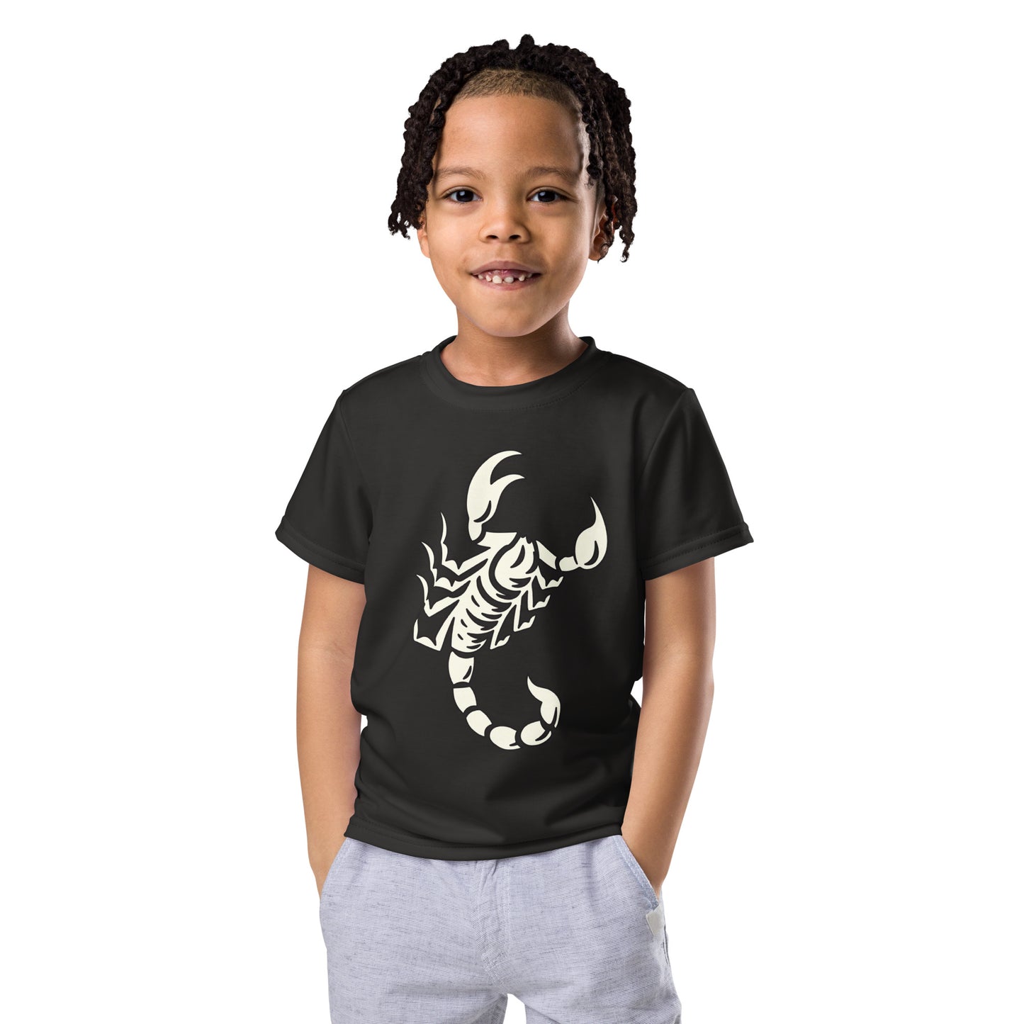 Young boy wearing dark t-shirt with large printed scorpion