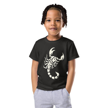 Young boy wearing dark t-shirt with large printed scorpion