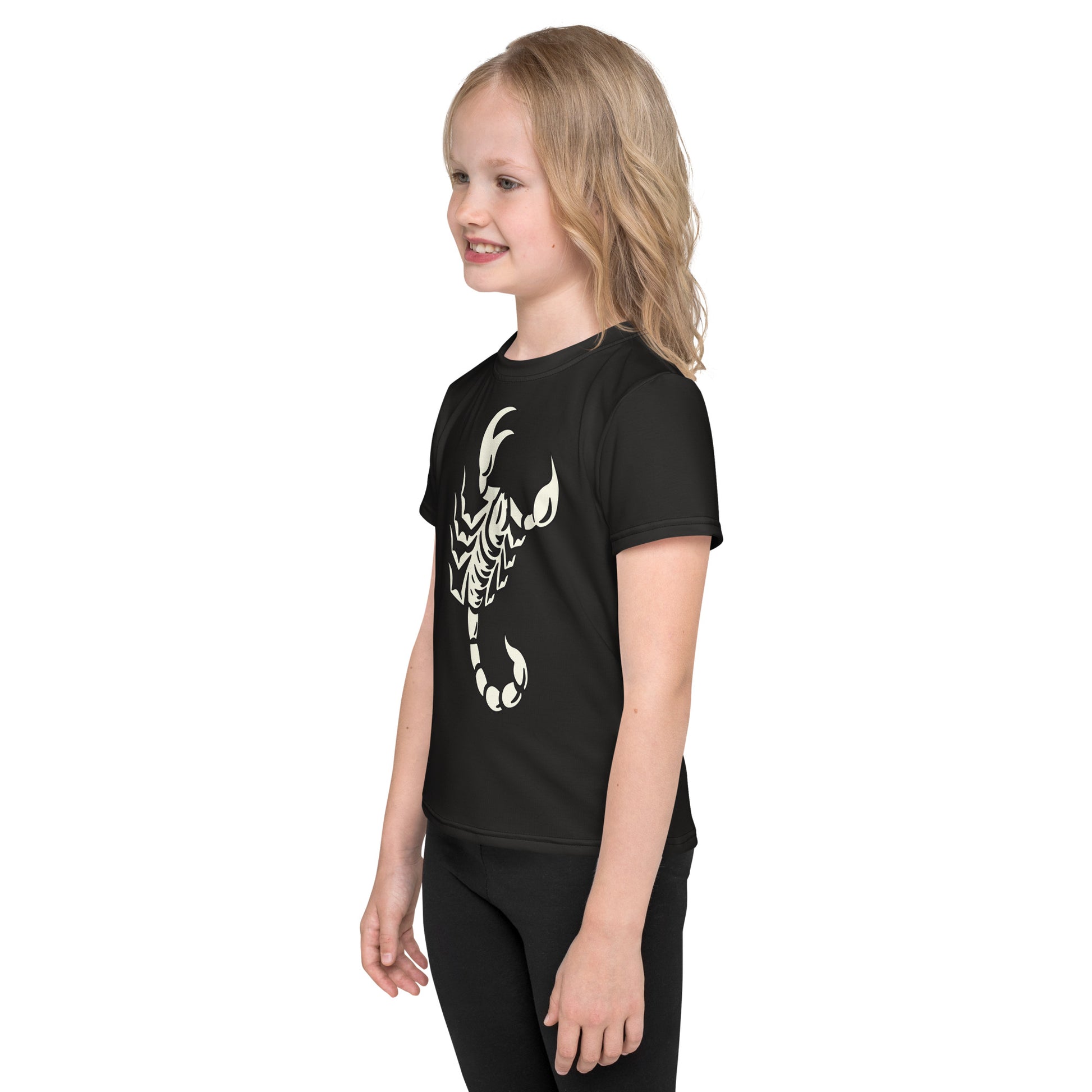 Young girl wearing dark t-shirt with large printed scorpion