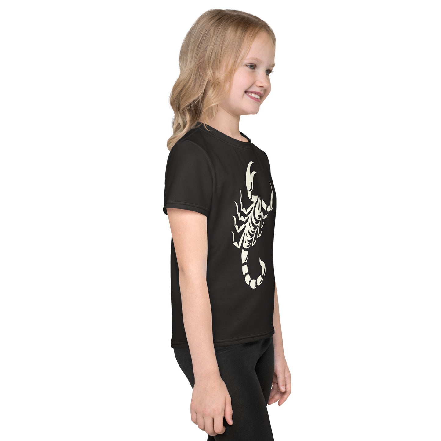 Young girl wearing dark t-shirt with large printed scorpion