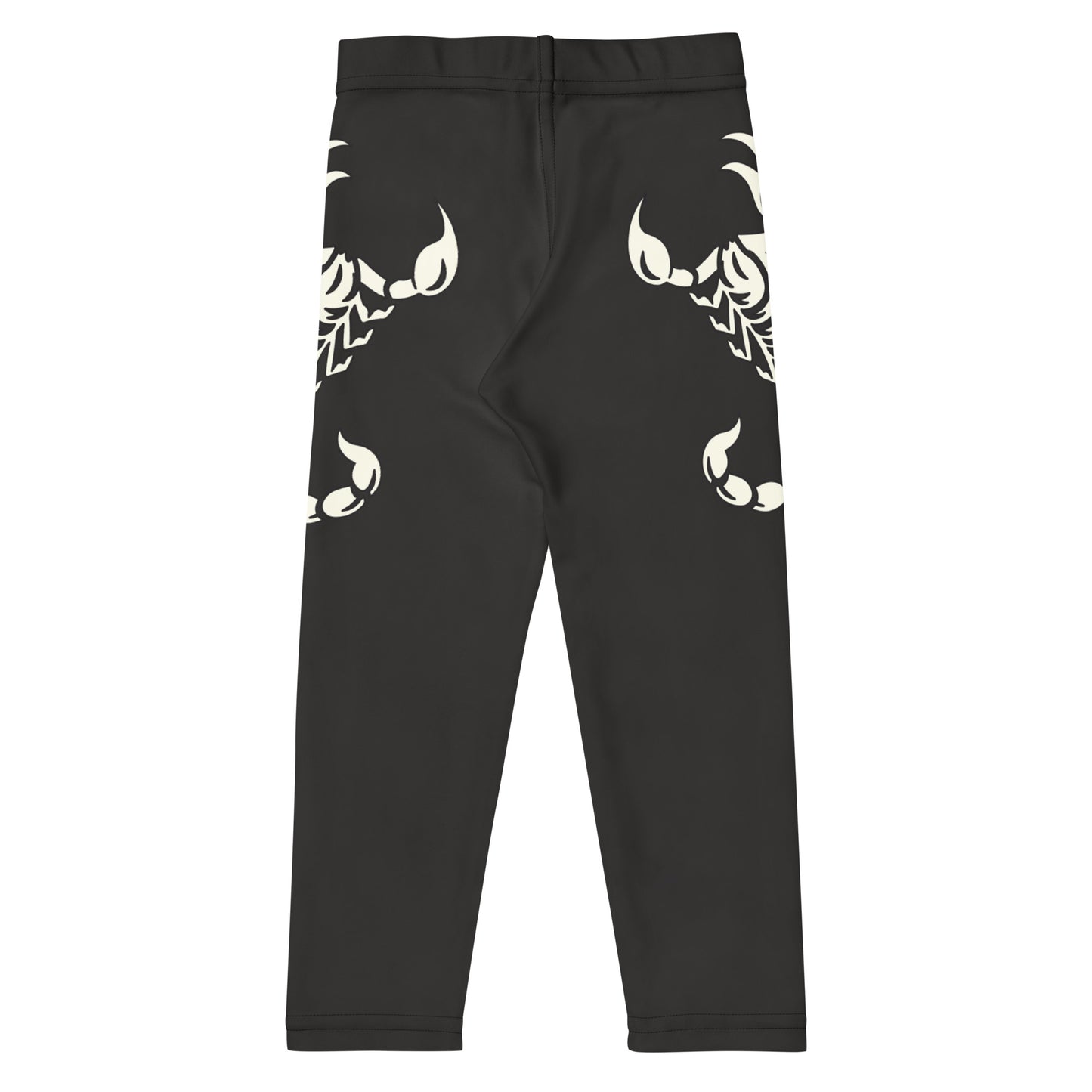 dark leggings with large printed scorpion on each side, laid flat
