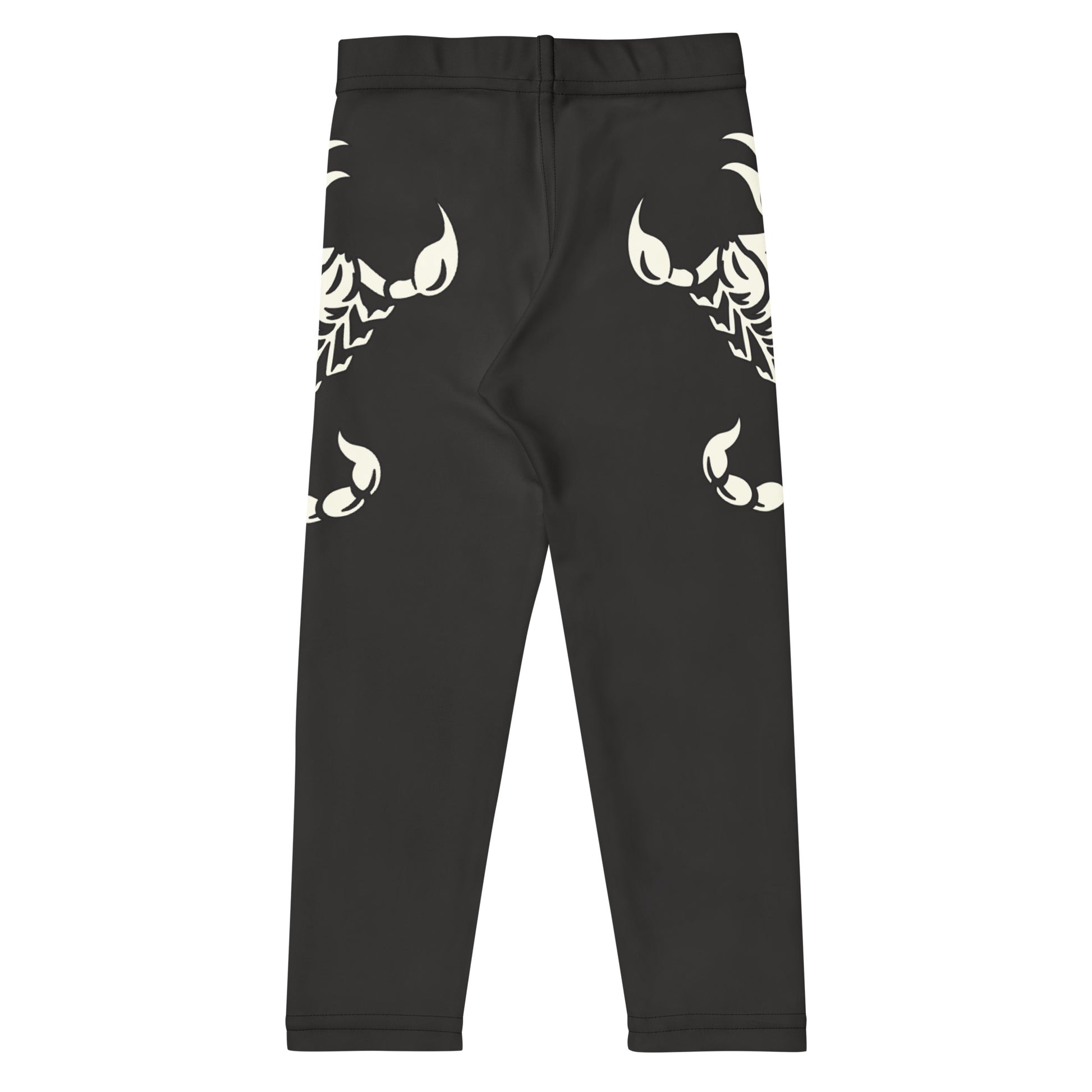 dark leggings with large printed scorpion on each side, laid flat