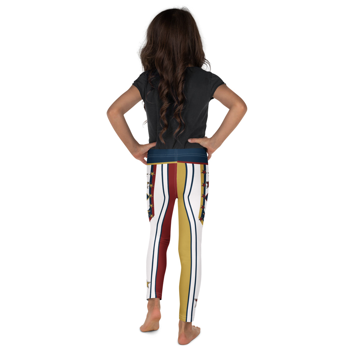 Child wearing the Drum Major kids leggings, back view with navy waistband