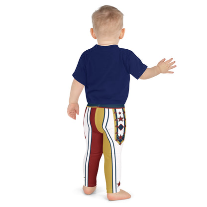 Toddler in the Drum Major kids leggings, back view showing the starred hip panel