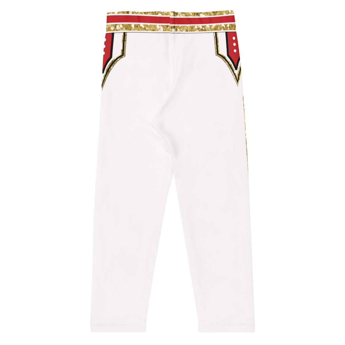 Kids White Circus wrestling leggings, back - plain white with red and gold waistband