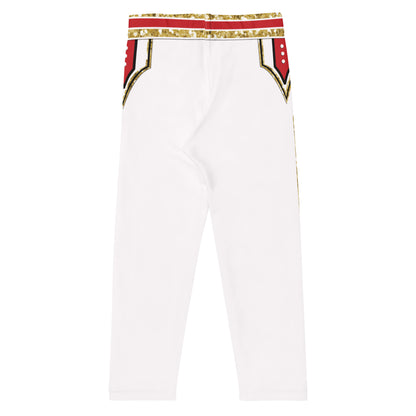 Kids White Circus wrestling leggings, back - plain white with red and gold waistband