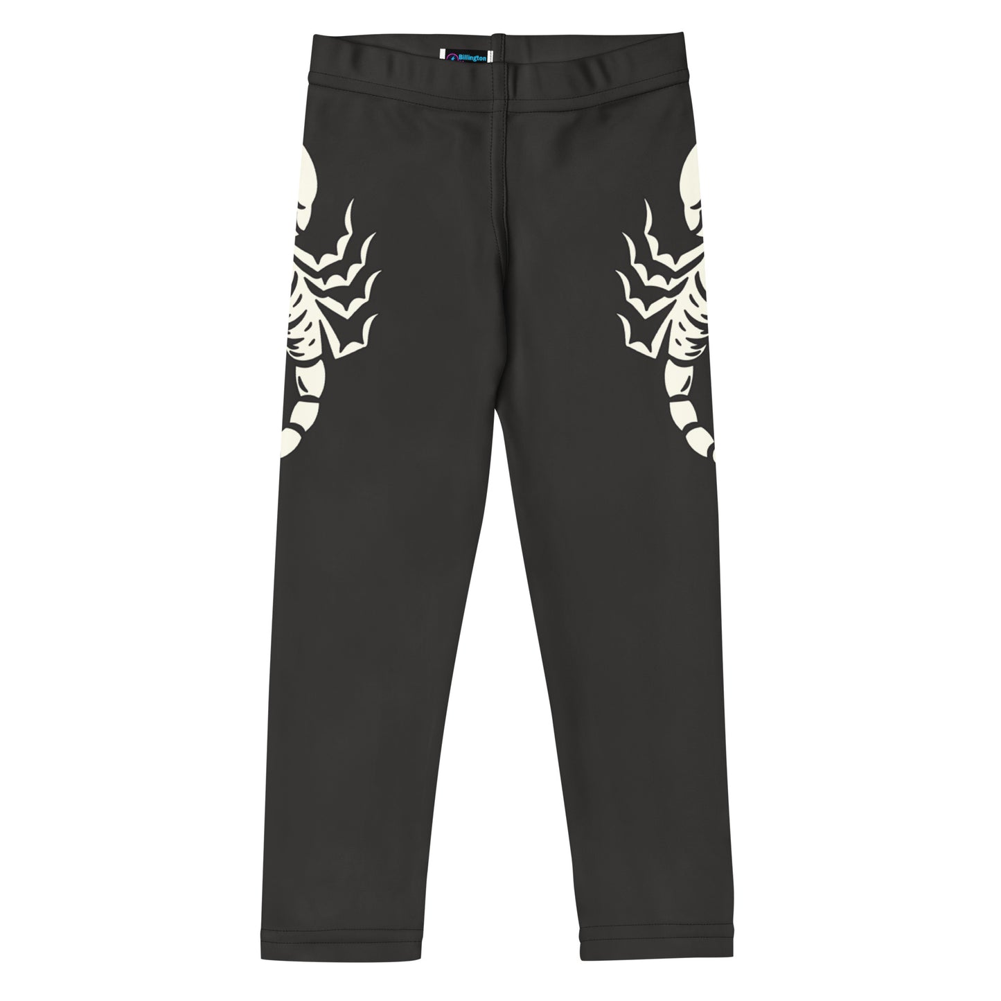 dark leggings with large printed scorpion on each side, laid flat