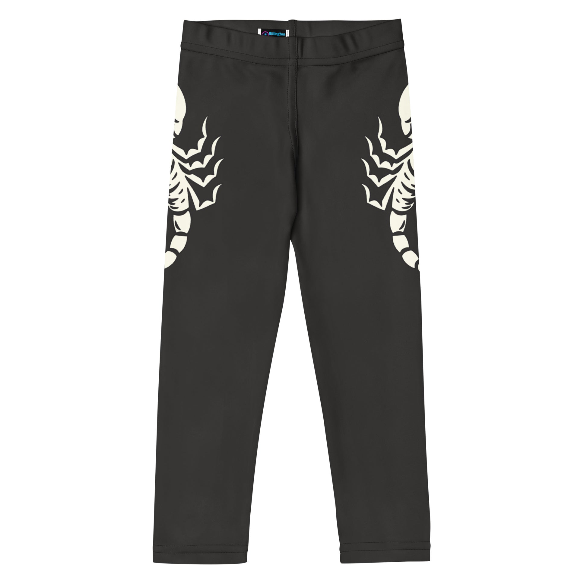 dark leggings with large printed scorpion on each side, laid flat