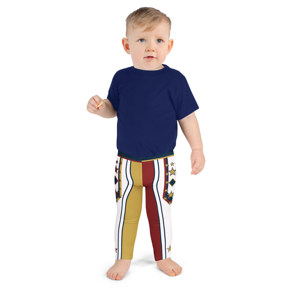 Toddler wearing kids wrestling costume leggings with one gold and one crimson leg and starred hip panels - Drum Major design, BillingtonPix