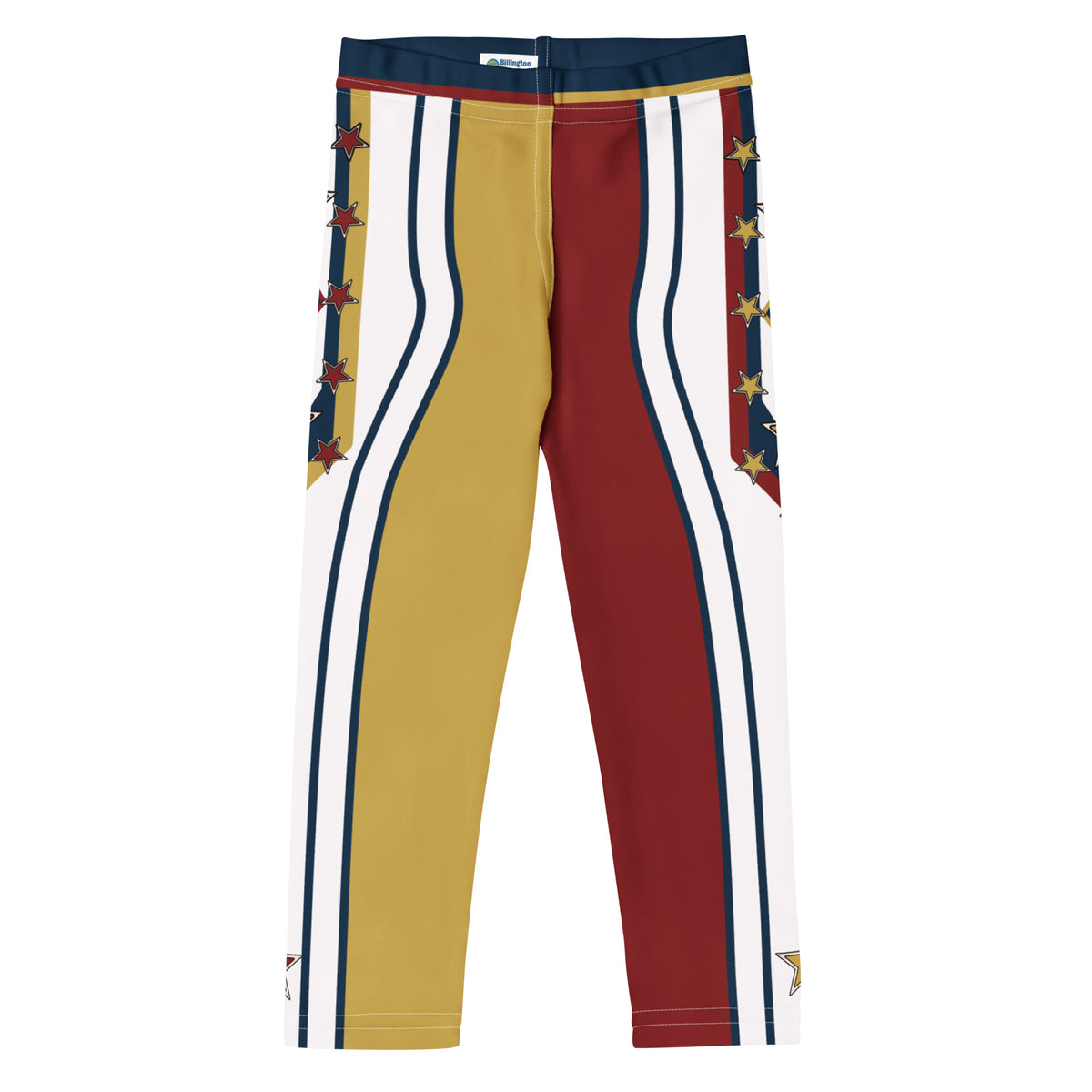 Front of the Drum Major kids leggings - gold and crimson split legs on white with navy pinstripes