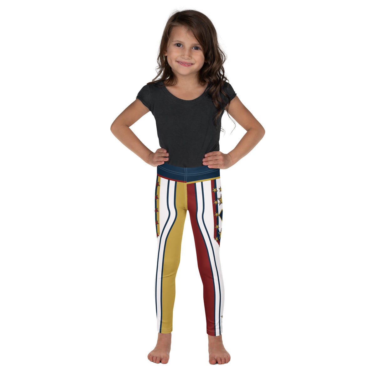 Child in the red and gold Drum Major kids wrestling leggings, front view