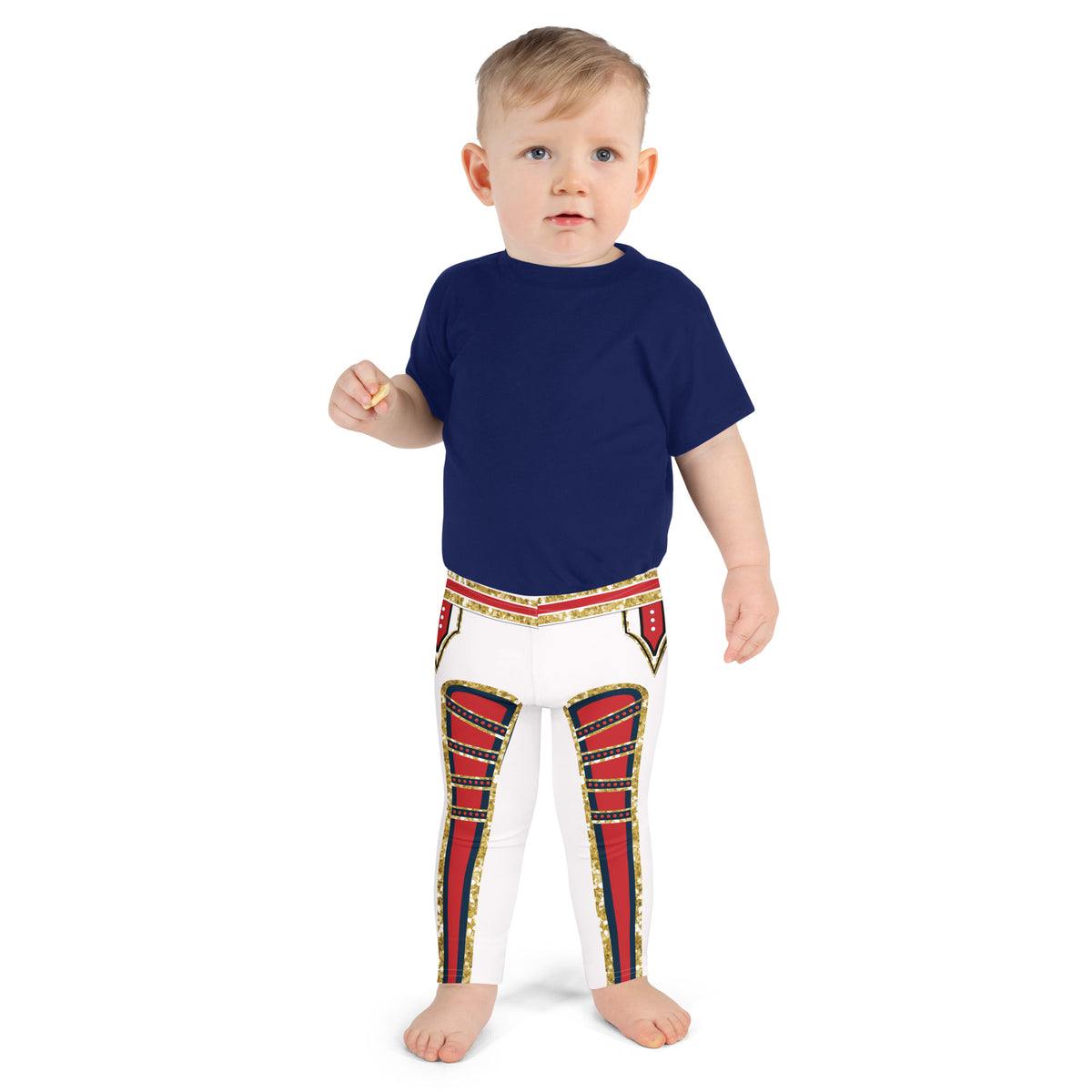 Kids White Circus wrestling leggings in red, gold and white, front, worn by a toddler - BillingtonPix