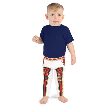 Kids White Circus wrestling leggings in red, gold and white, front, worn by a toddler - BillingtonPix