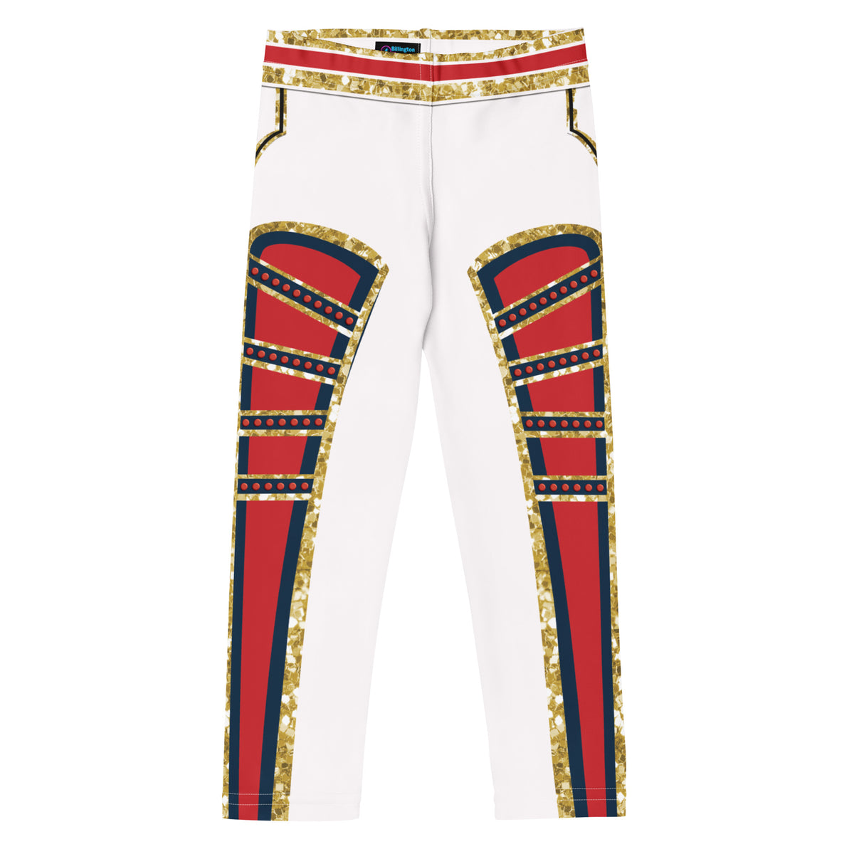 Kids White Circus wrestling leggings, front - white with red front panels and gold glitter-effect trim
