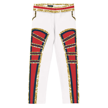 Kids White Circus wrestling leggings, front - white with red front panels and gold glitter-effect trim